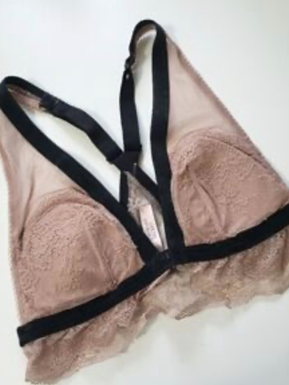 Victorias Secret Lace Bralette with Contrast Straps - Nude/Black Sz XL NWT